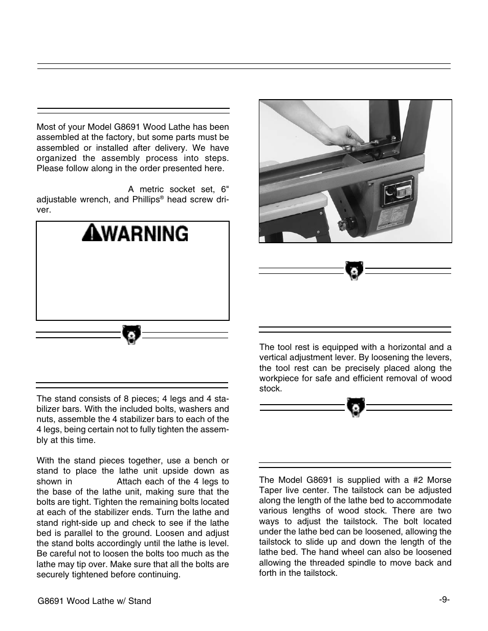 Beginning assembly, Stand, Tool rest | Tailstock | Grizzly G8691 User Manual | Page 10 / 21