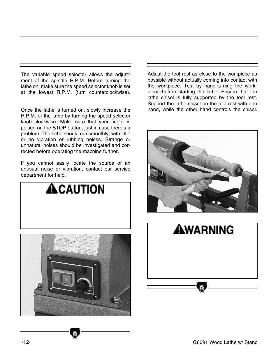 Operations, cont, Tool rest speed selector | Grizzly G8691 User Manual | Page 13 / 21