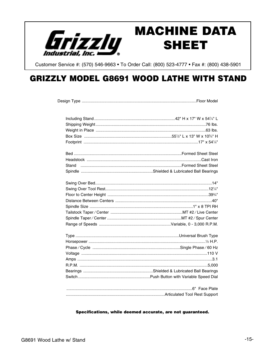 Machine data sheet, Grizzly model g8691 wood lathe with stand | Grizzly G8691 User Manual | Page 16 / 21