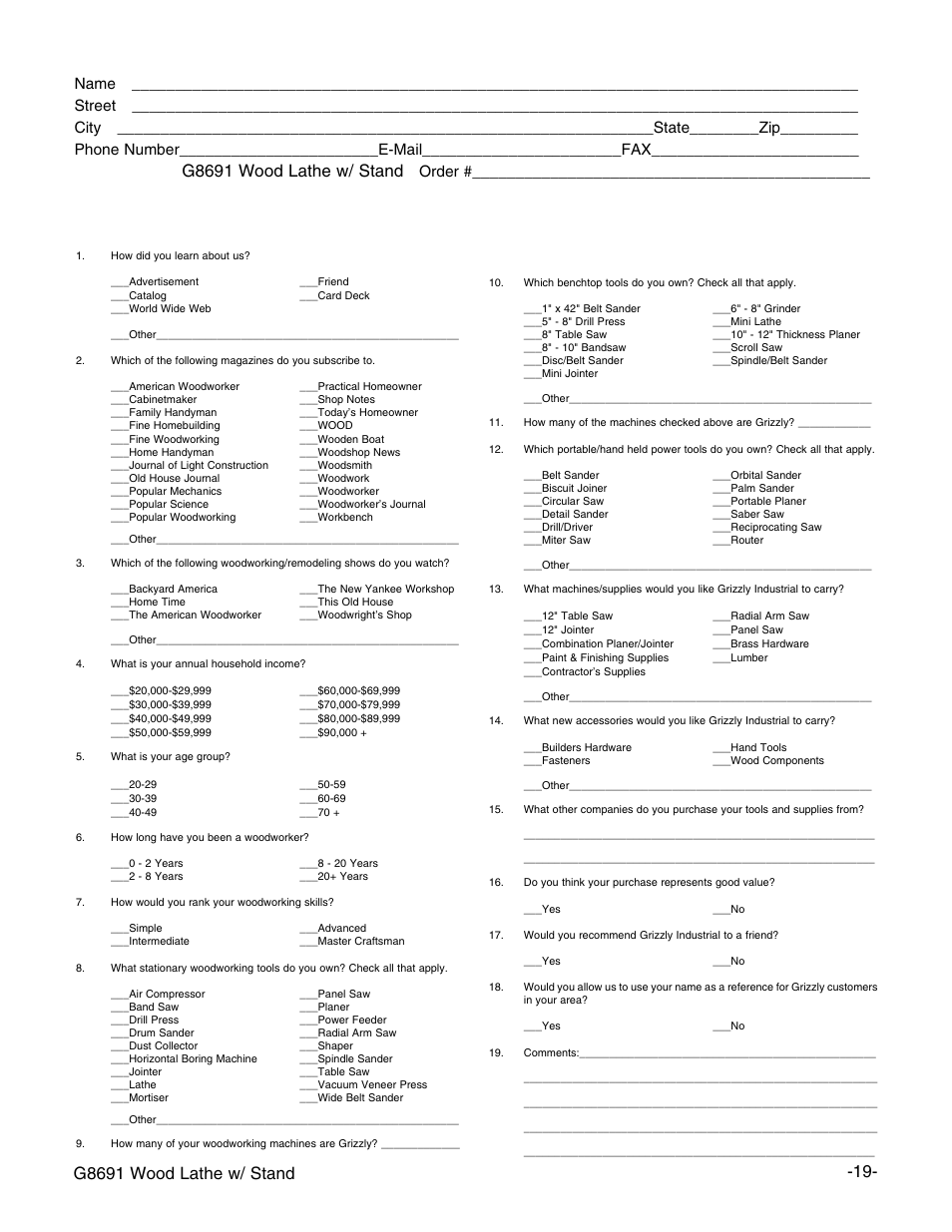 Warranty card, G8691 wood lathe w/ stand, Order | Grizzly G8691 User Manual | Page 20 / 21