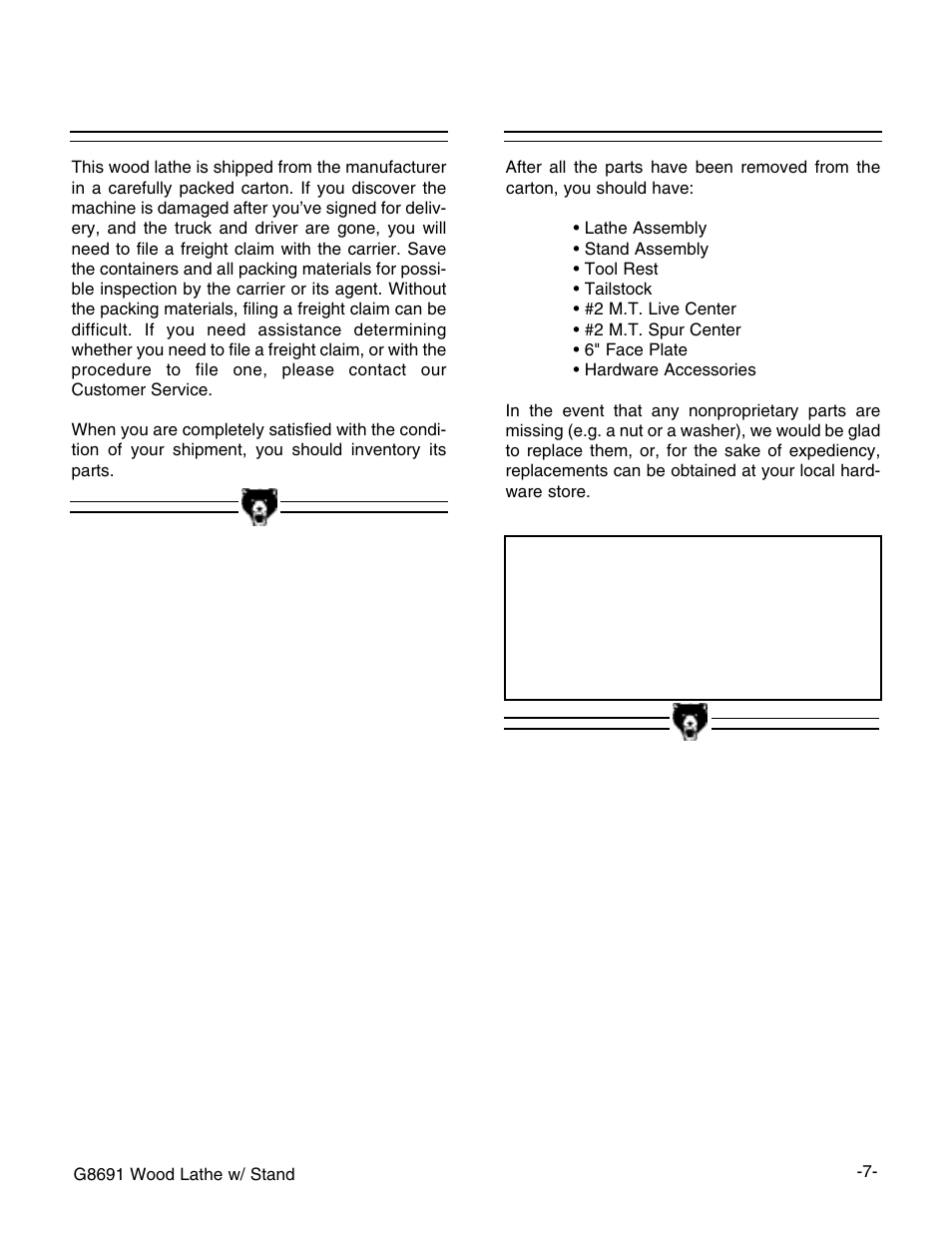 Unpacking, Piece inventory, Notice | Grizzly G8691 User Manual | Page 8 / 21