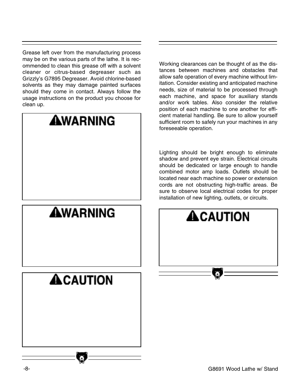 Clean up, Site considerations | Grizzly G8691 User Manual | Page 9 / 21