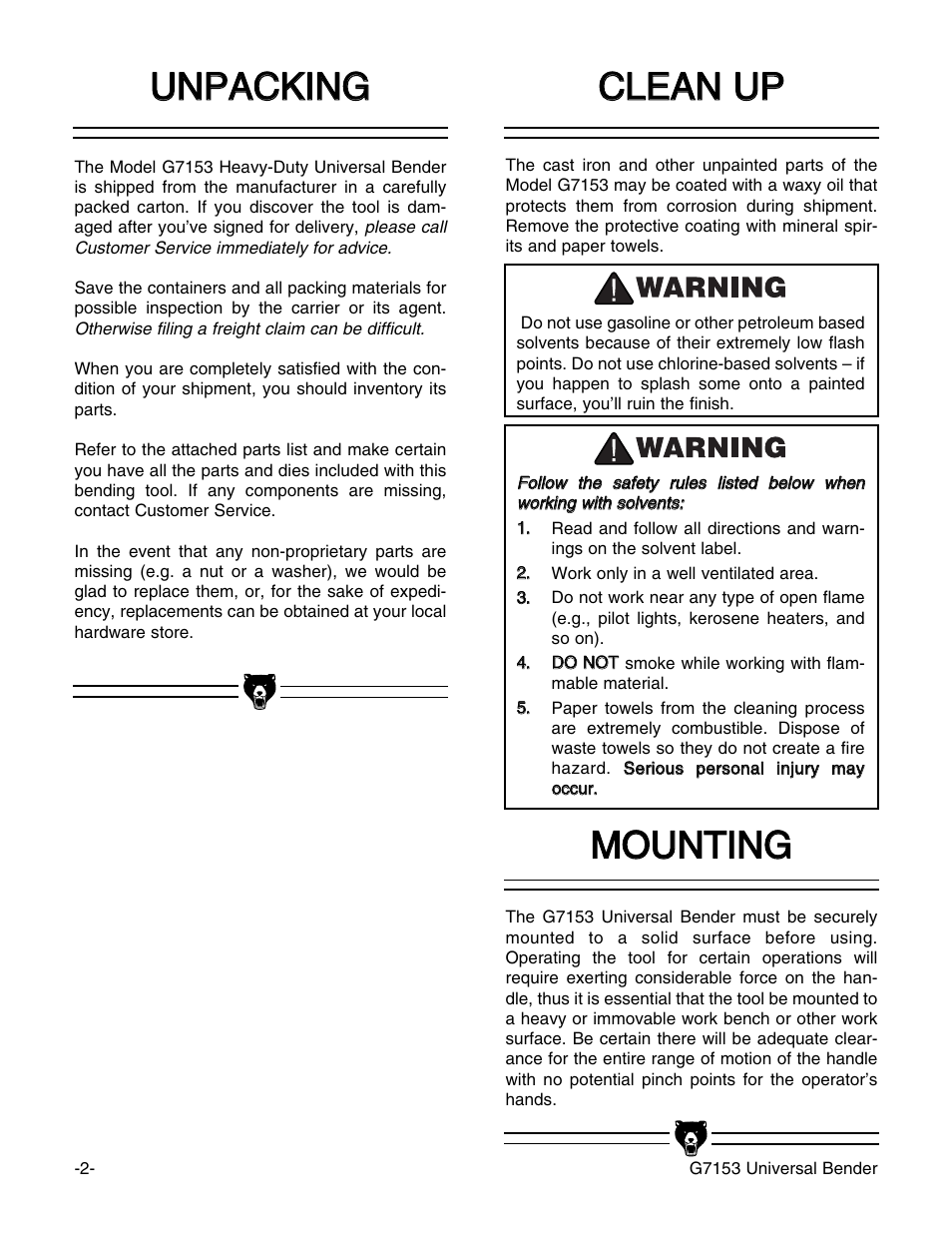 Uun np pa ac ck kiin ng g, Ccl le ea an n u up p, Mmo ou un nt tiin ng g | Grizzly G7153 User Manual | Page 3 / 11