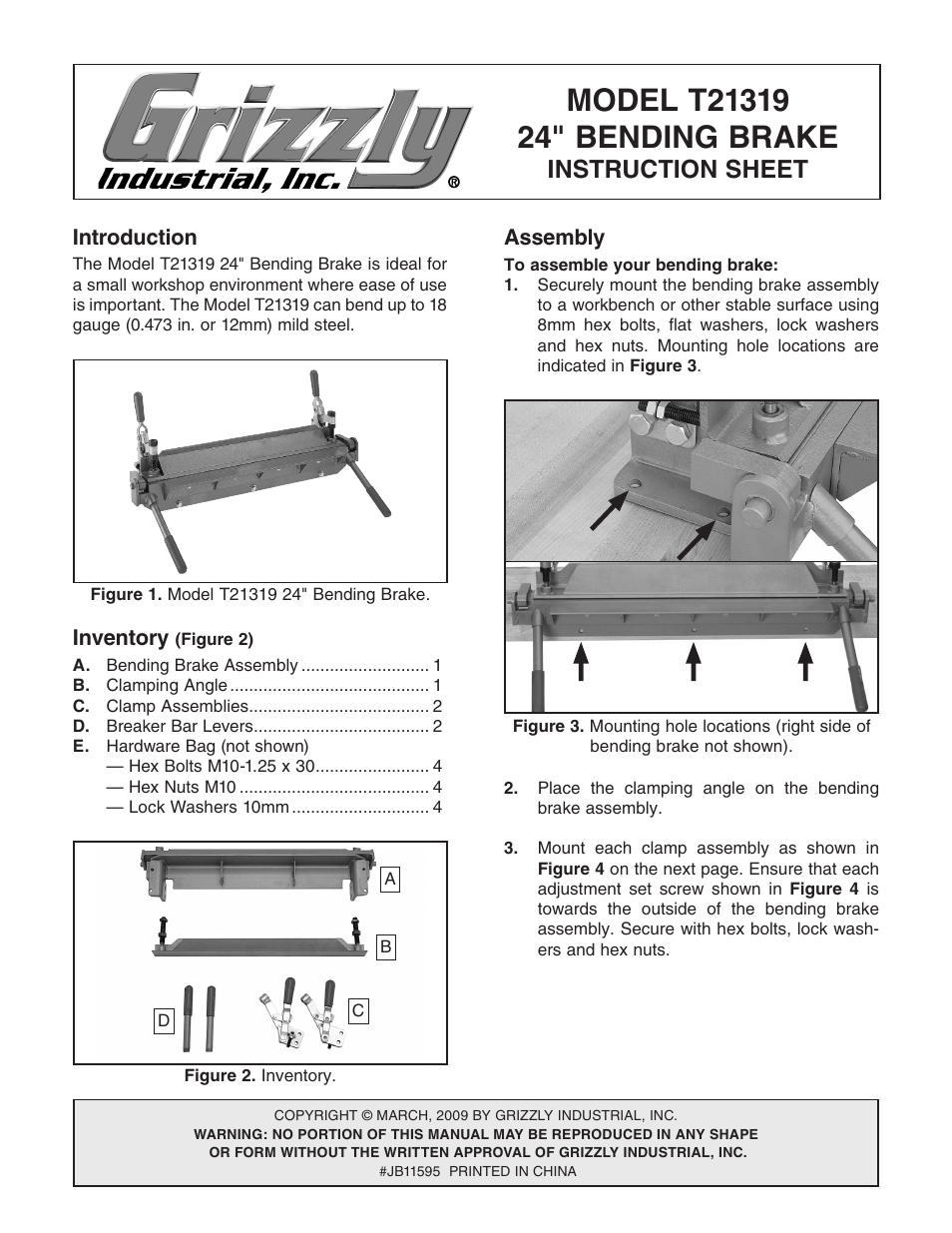 Grizzly Bending Brake T21319 User Manual | 2 pages