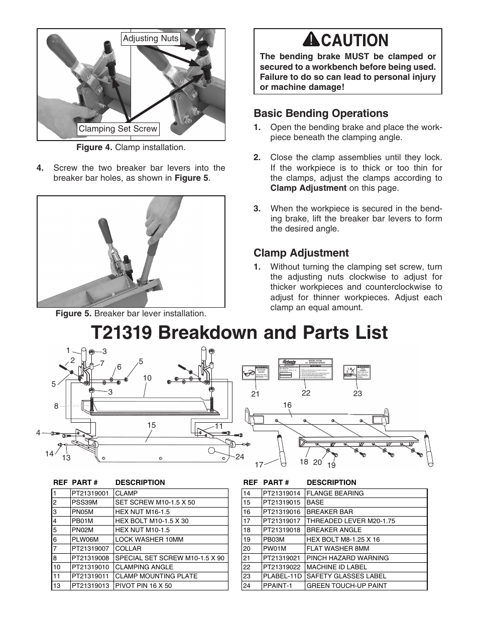 Basic bending operations, Clamp adjustment | Grizzly Bending Brake T21319 User Manual | Page 2 / 2