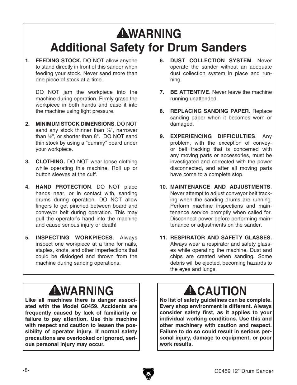 Additional safety for drum sanders | Grizzly G0459 User Manual | Page 10 / 52