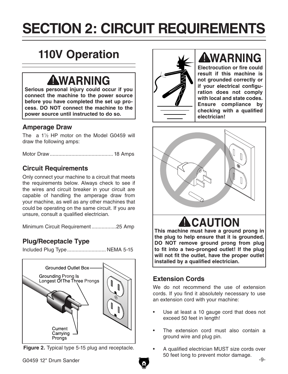 110v operation | Grizzly G0459 User Manual | Page 11 / 52