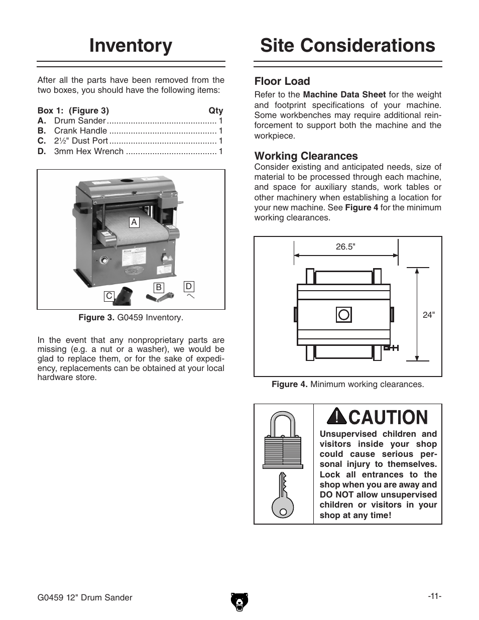 Inventory, Site considerations | Grizzly G0459 User Manual | Page 13 / 52