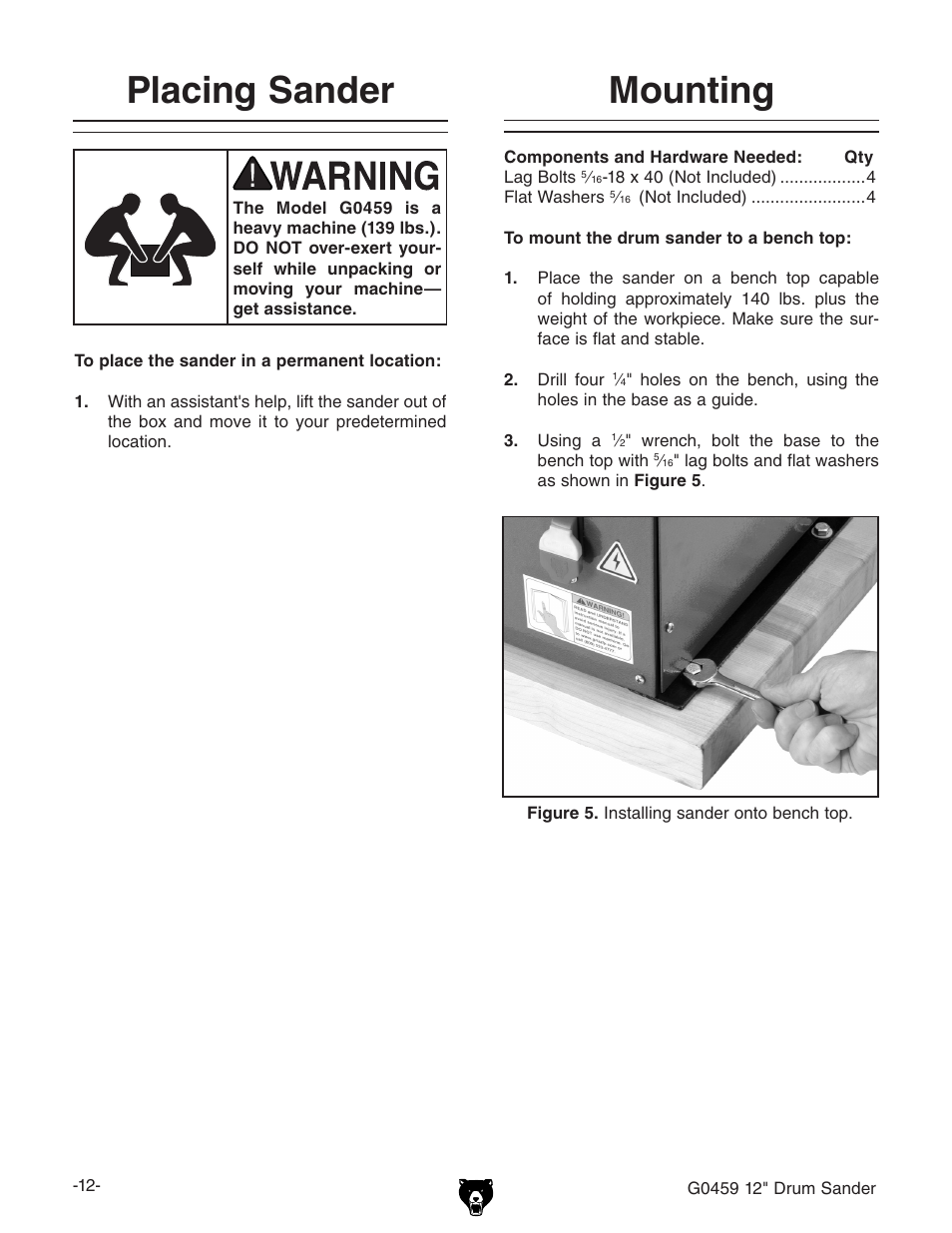 Placing sander, Mounting | Grizzly G0459 User Manual | Page 14 / 52
