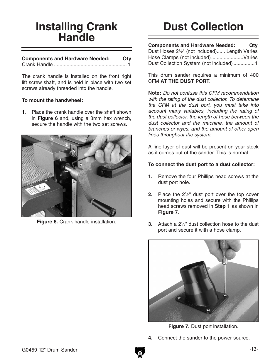 Installing crank handle, Dust collection | Grizzly G0459 User Manual | Page 15 / 52