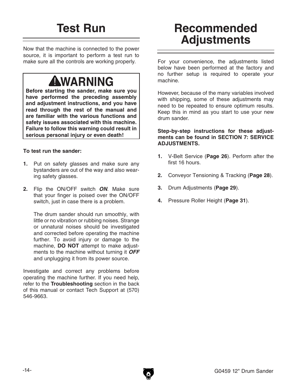 Test run, Recommended adjustments | Grizzly G0459 User Manual | Page 16 / 52