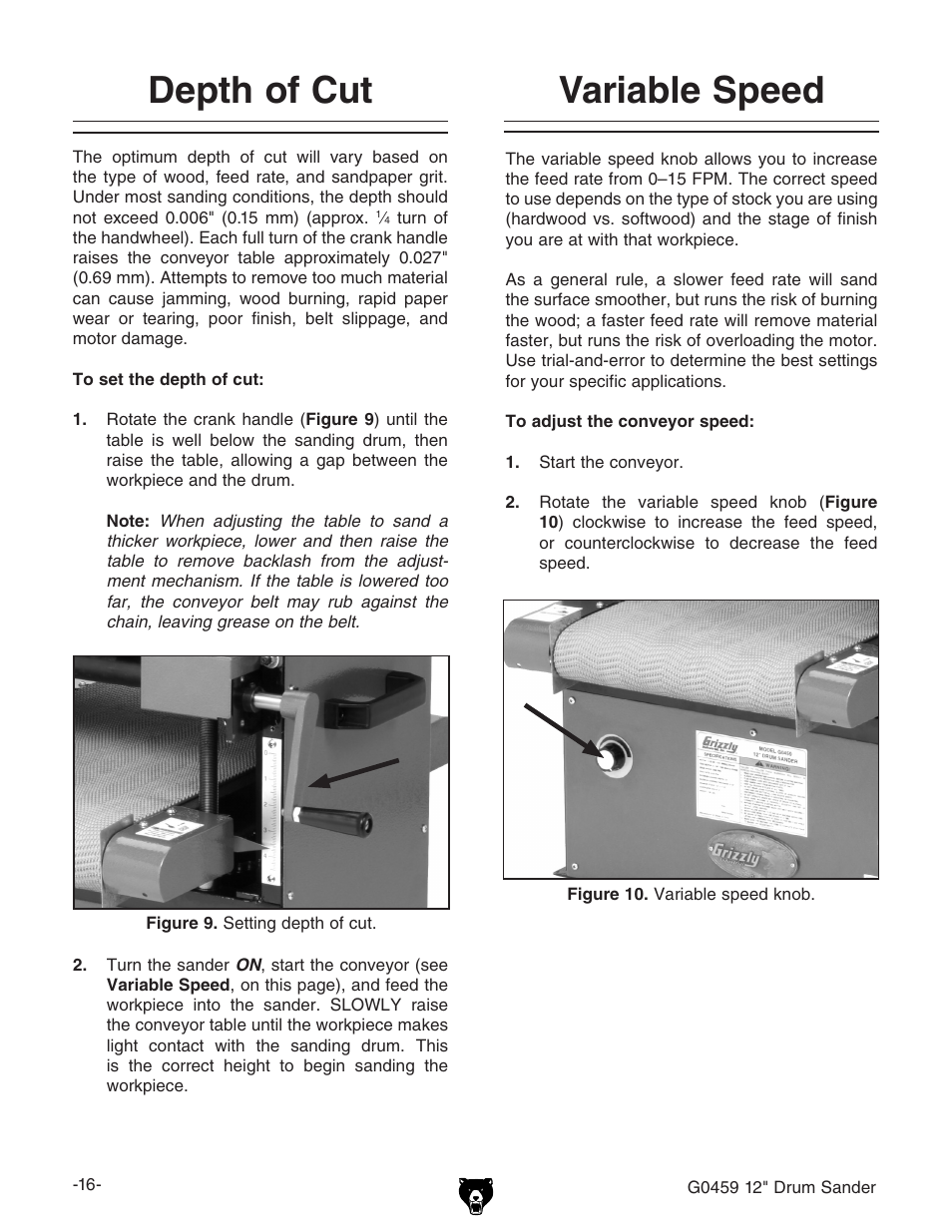 Variable speed, Depth of cut | Grizzly G0459 User Manual | Page 18 / 52