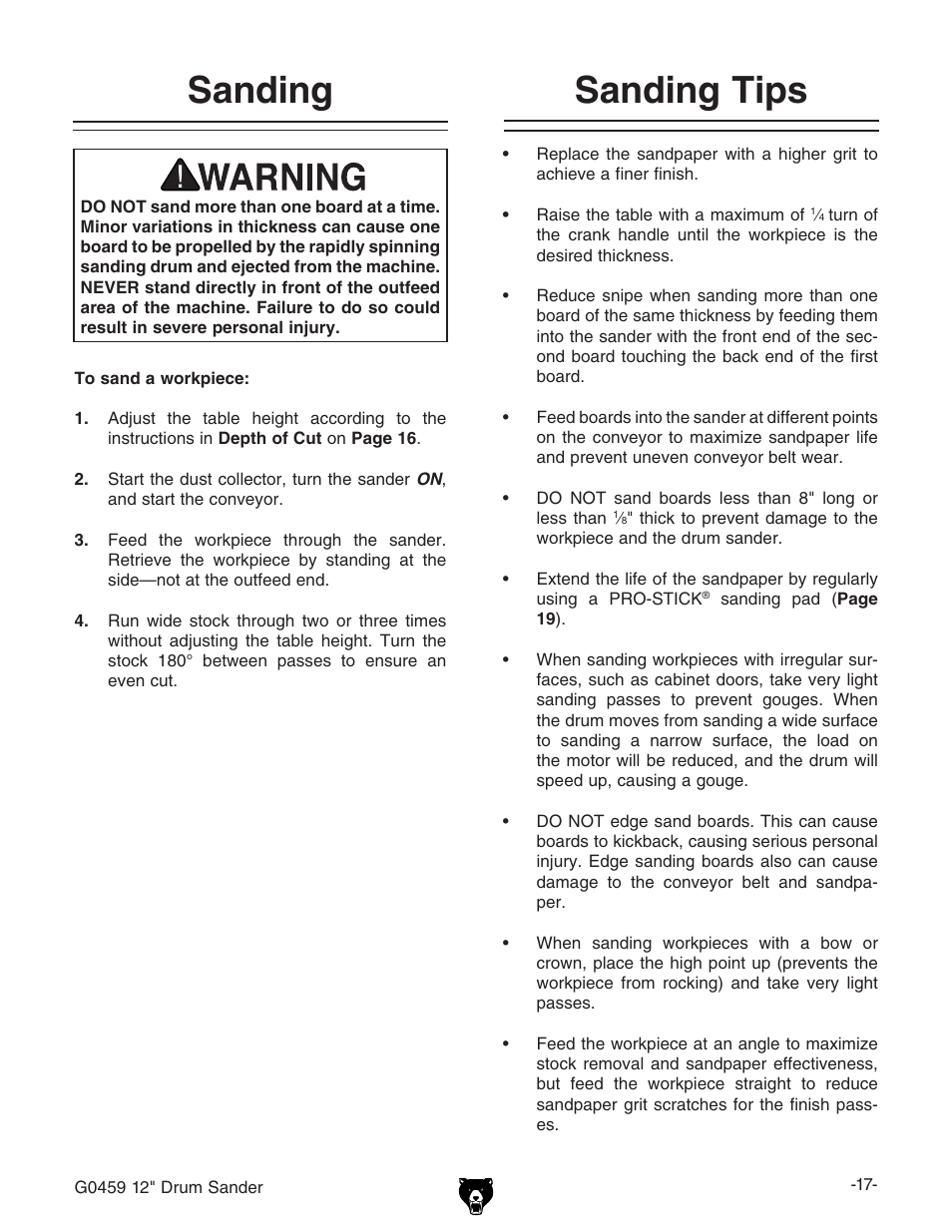 Sanding sanding tips | Grizzly G0459 User Manual | Page 19 / 52