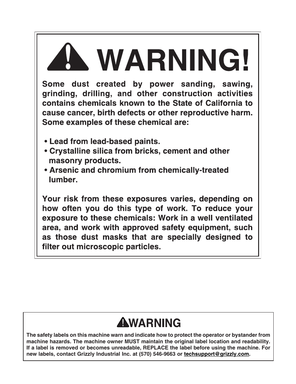 Safety label placement | Grizzly G0459 User Manual | Page 2 / 52