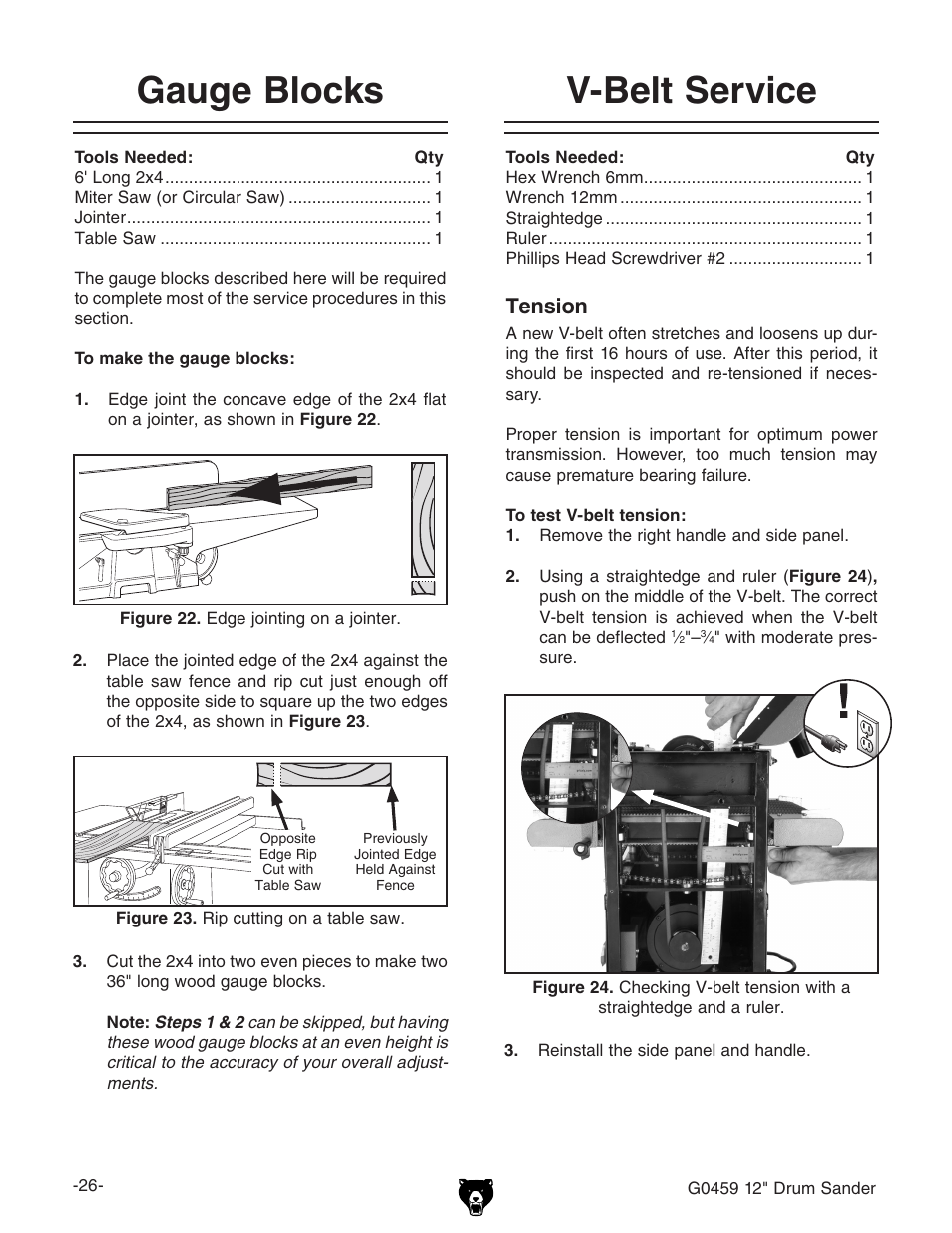 V-belt service, Gauge blocks, Tension | Grizzly G0459 User Manual | Page 28 / 52