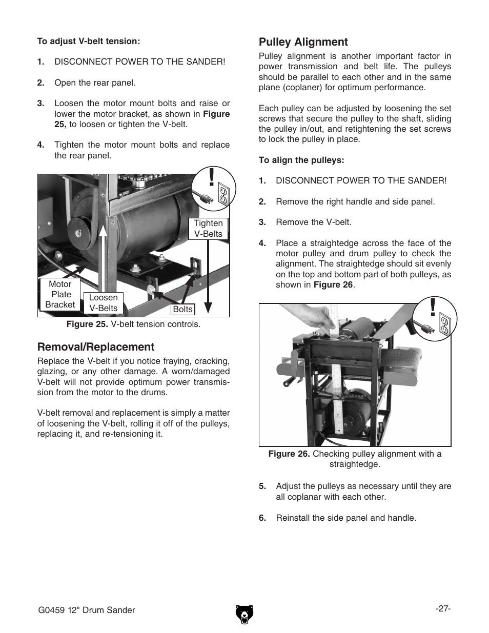 Removal/replacement, Pulley alignment | Grizzly G0459 User Manual | Page 29 / 52