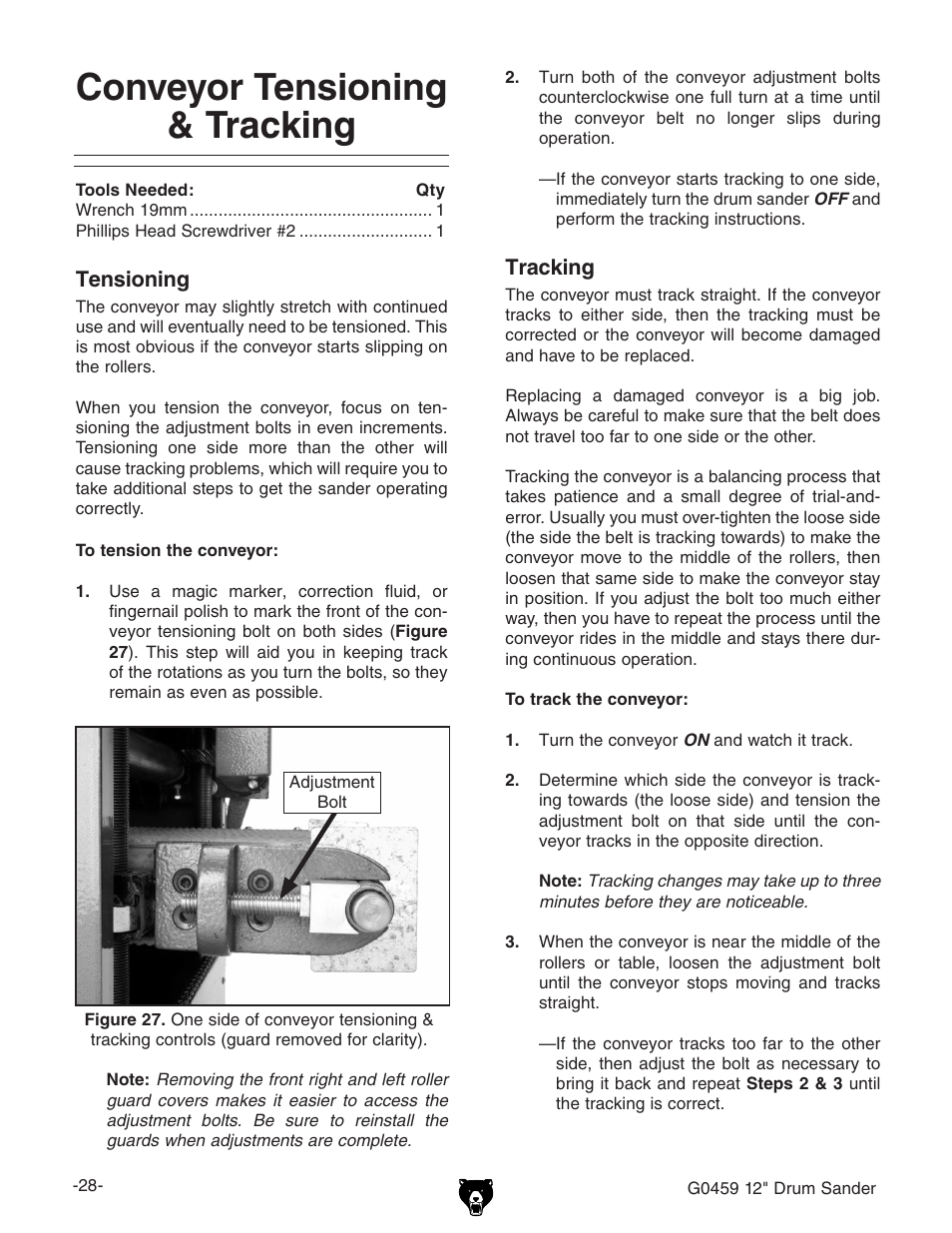 Conveyor tensioning & tracking | Grizzly G0459 User Manual | Page 30 / 52