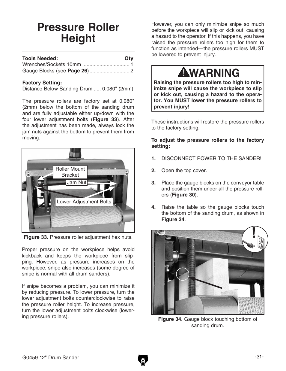 Pressure roller height | Grizzly G0459 User Manual | Page 33 / 52