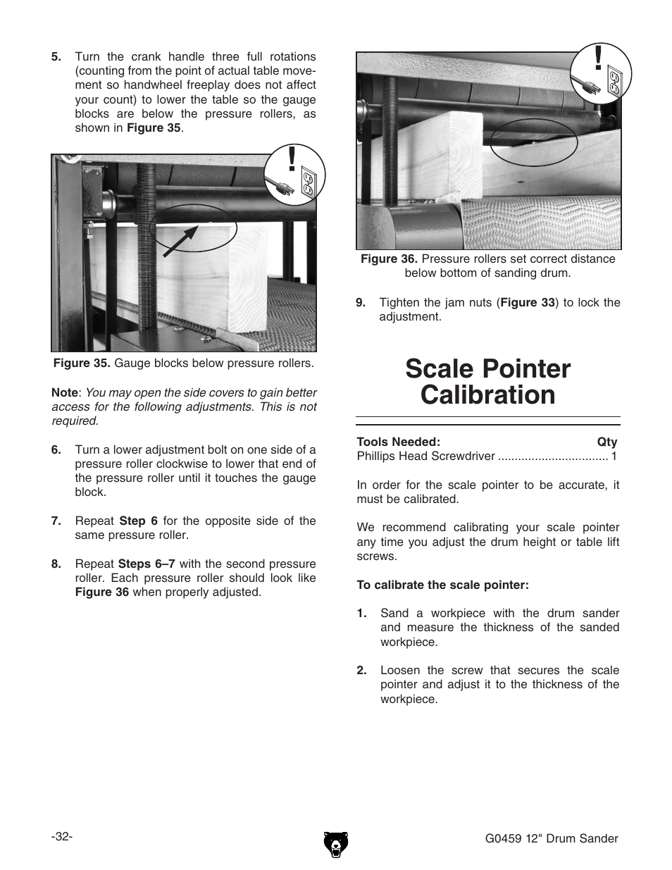 Scale pointer calibration | Grizzly G0459 User Manual | Page 34 / 52