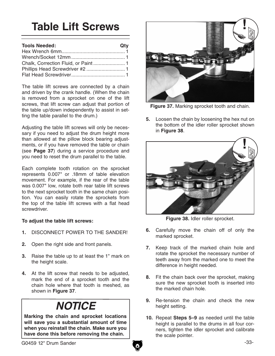Table lift screws, Notice | Grizzly G0459 User Manual | Page 35 / 52