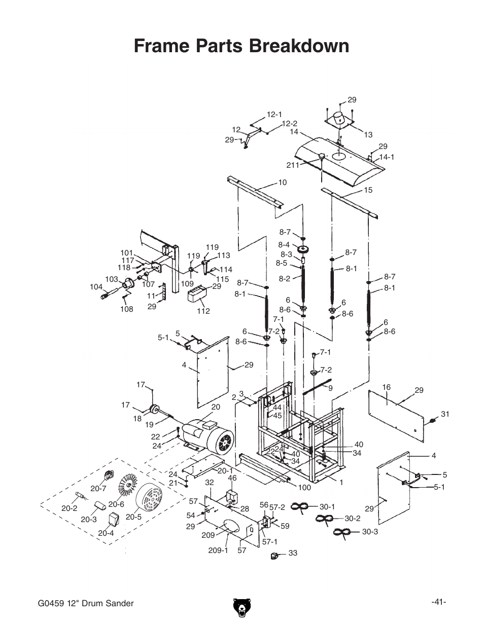 Frame parts breakdown | Grizzly G0459 User Manual | Page 43 / 52