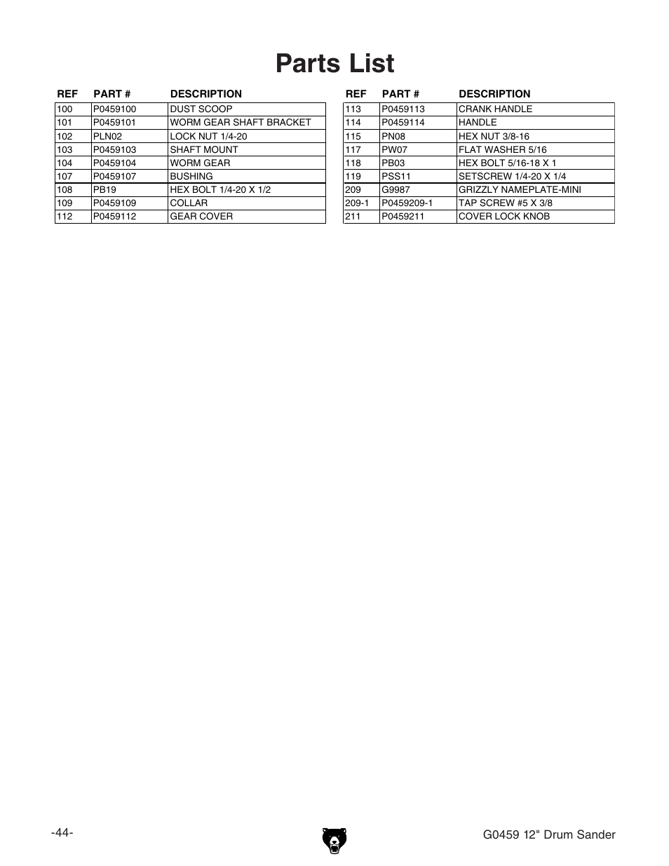 Parts list | Grizzly G0459 User Manual | Page 46 / 52