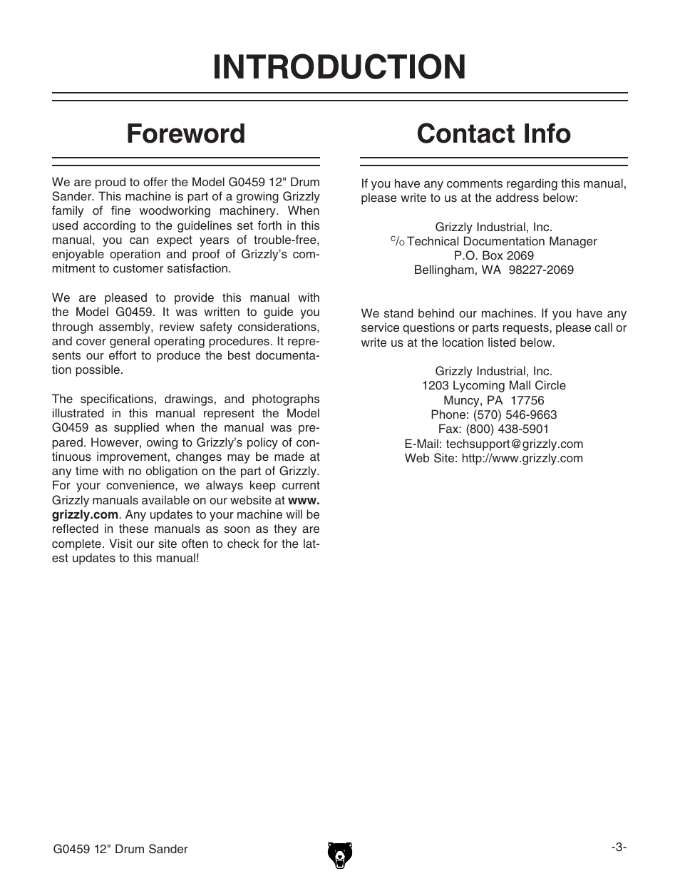Introduction, Foreword, Contact info | Grizzly G0459 User Manual | Page 5 / 52