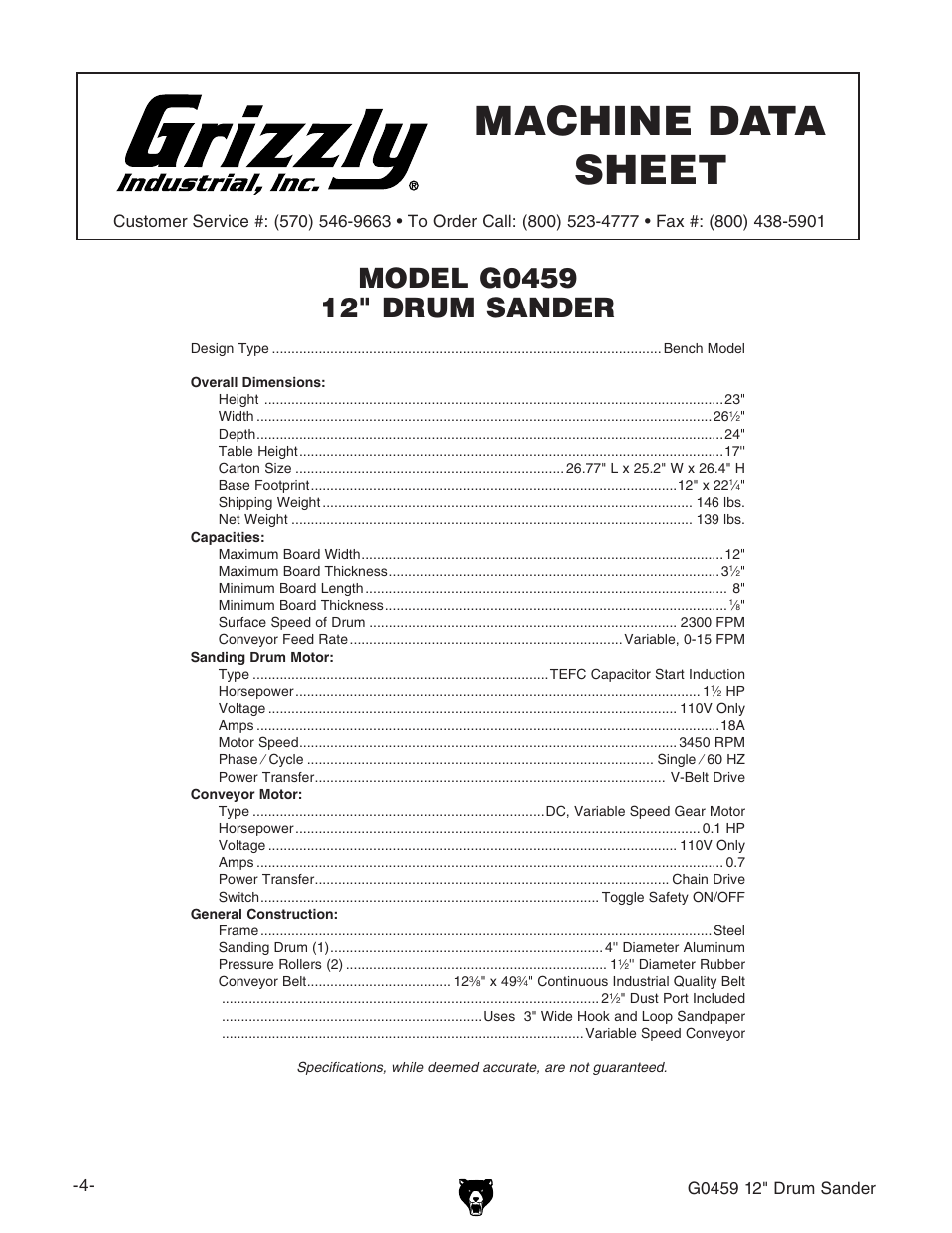 Machine data sheet | Grizzly G0459 User Manual | Page 6 / 52