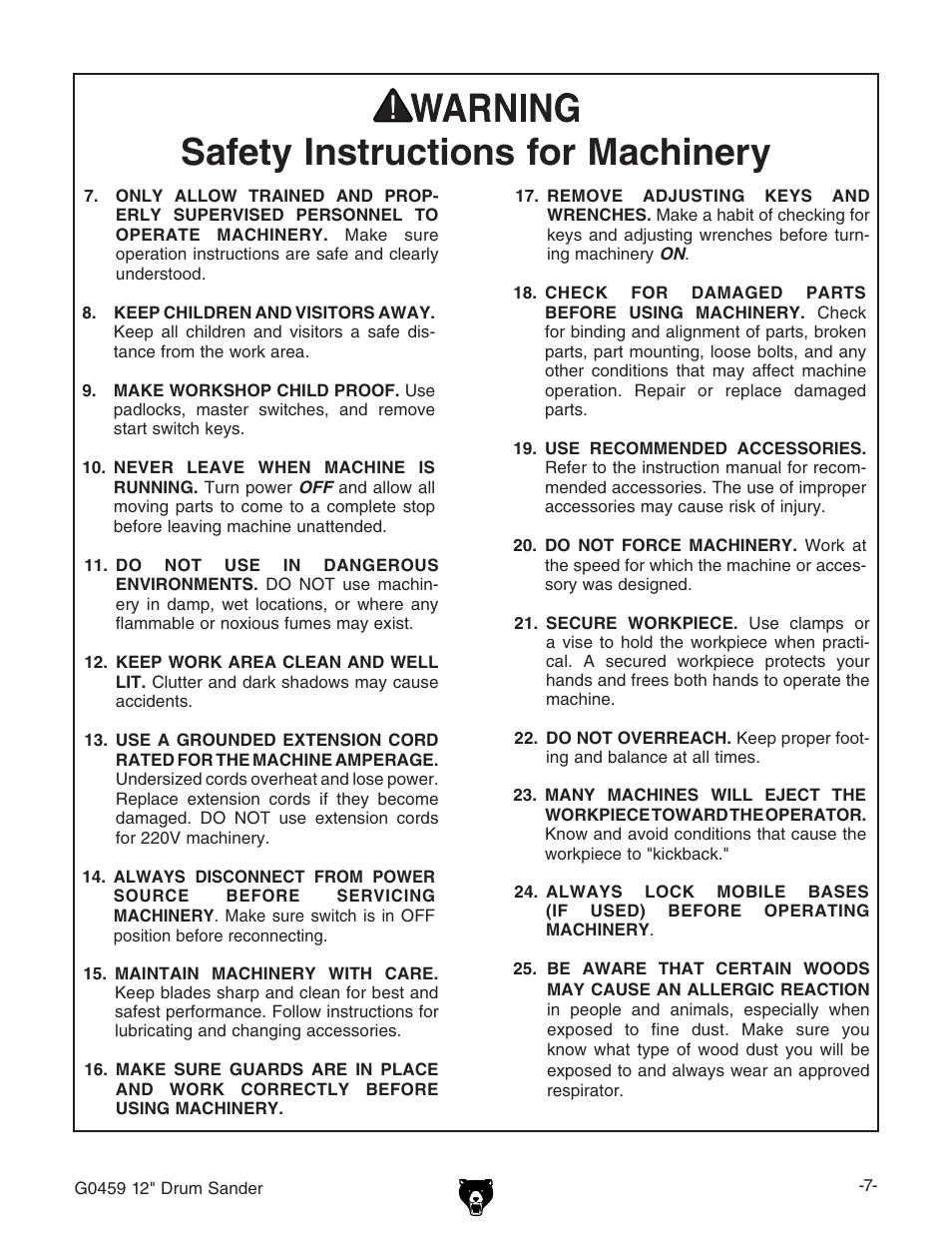 Safety instructions for machinery | Grizzly G0459 User Manual | Page 9 / 52