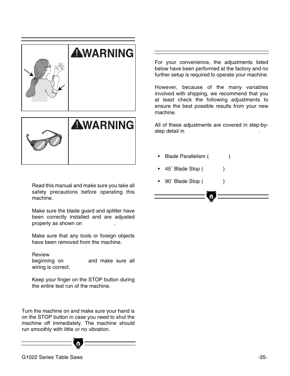 Start up recommended adjustments | Grizzly & G1022PROZX User Manual | Page 37 / 84