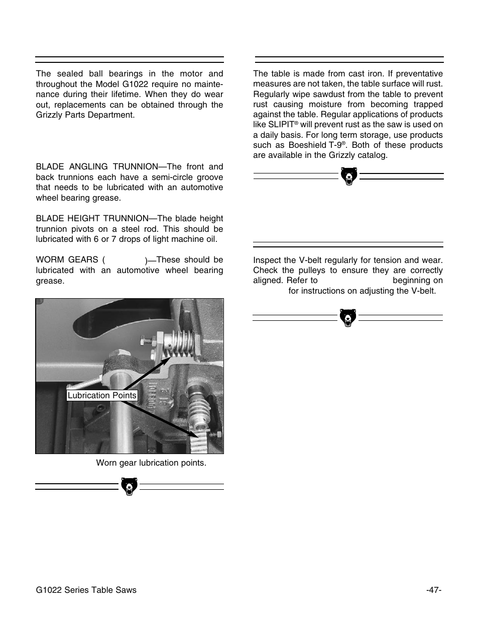 V-belt, Lubrication table | Grizzly & G1022PROZX User Manual | Page 49 / 84