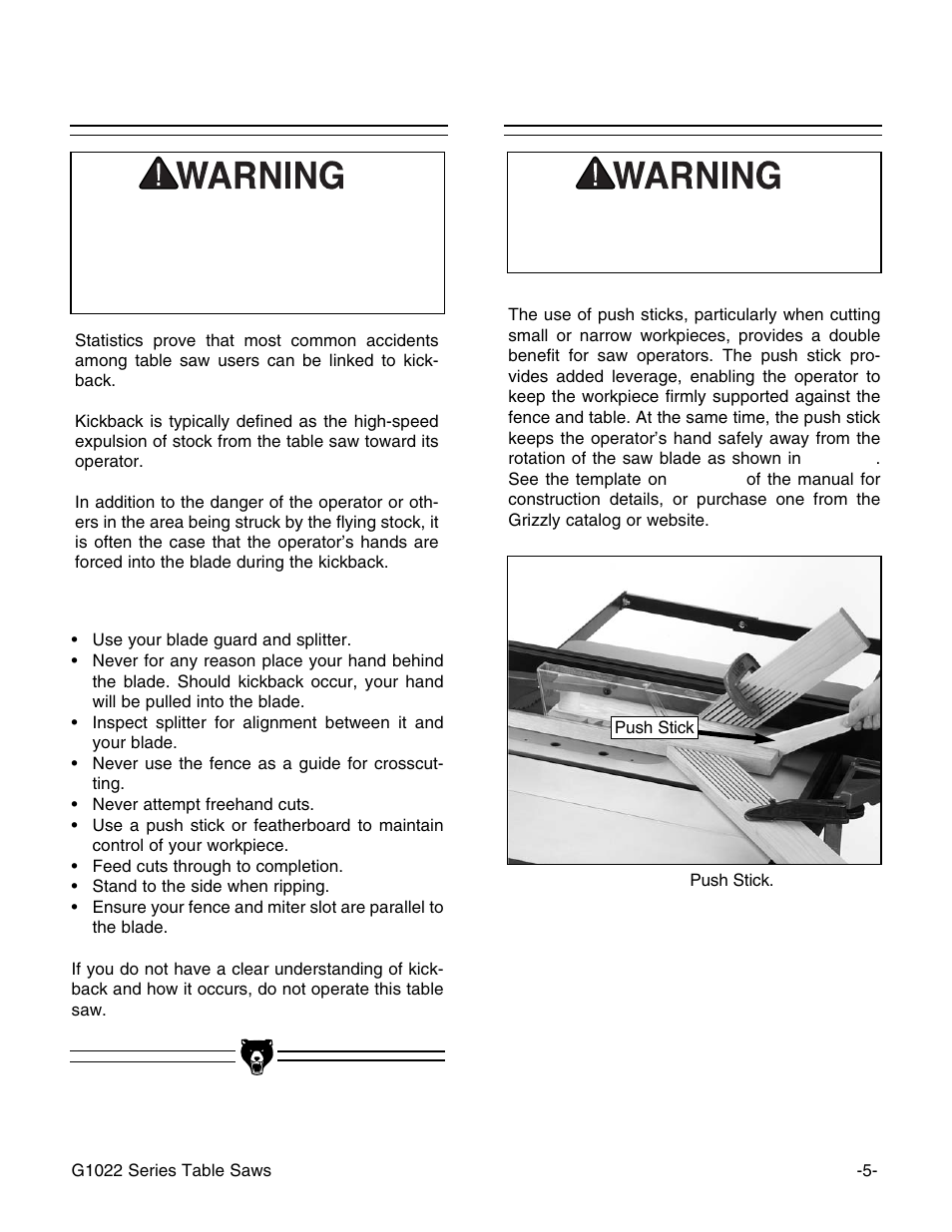 Safety accessories, Avoiding kickback | Grizzly & G1022PROZX User Manual | Page 7 / 84