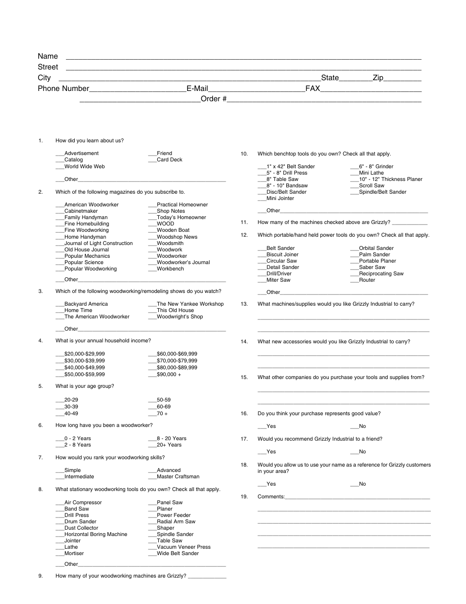 Warranty card, Order | Grizzly & G1022PROZX User Manual | Page 81 / 84