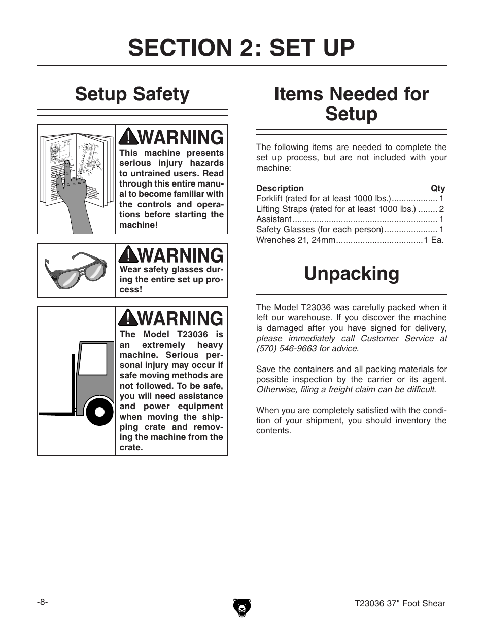 Setup safety, Items needed for setup, Unpacking | Grizzly FOOT SHEAR T23036 User Manual | Page 10 / 32