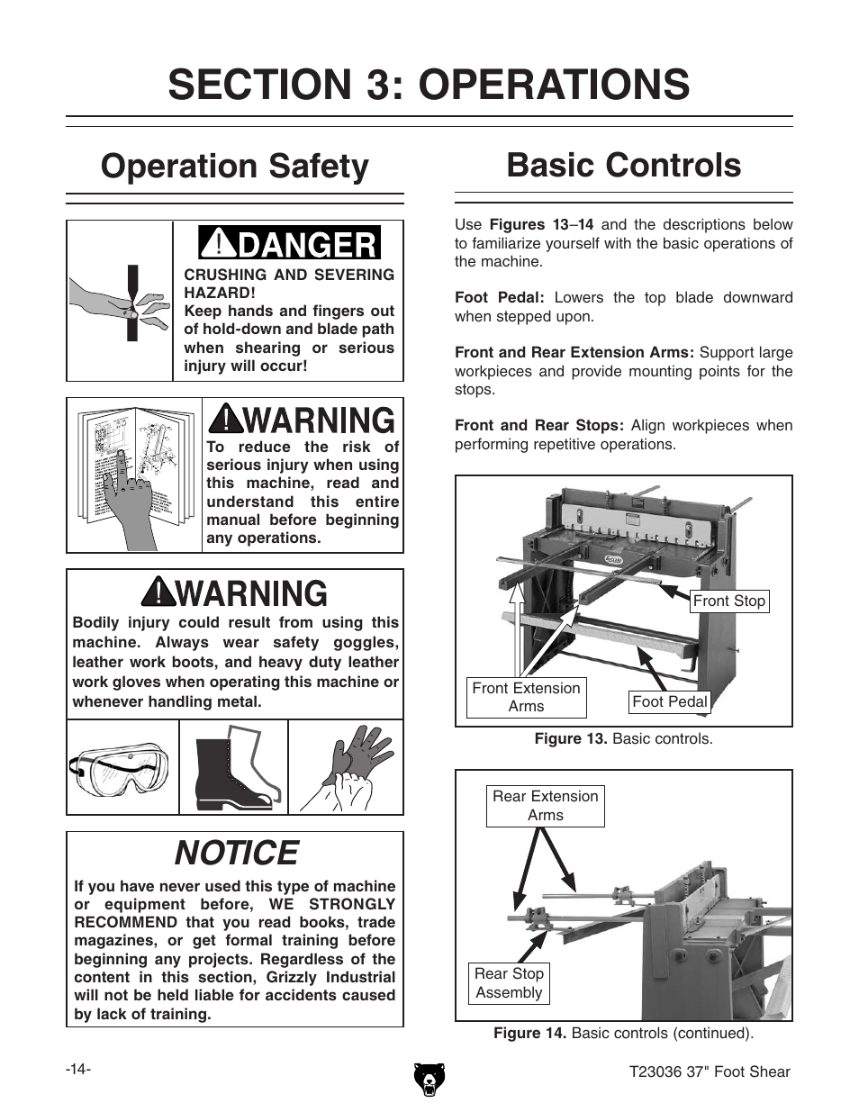 Operation safety basic controls, Notice | Grizzly FOOT SHEAR T23036 User Manual | Page 16 / 32