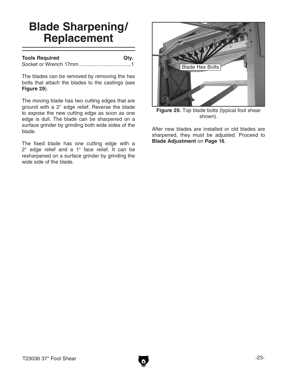 Blade sharpening/ replacement | Grizzly FOOT SHEAR T23036 User Manual | Page 25 / 32