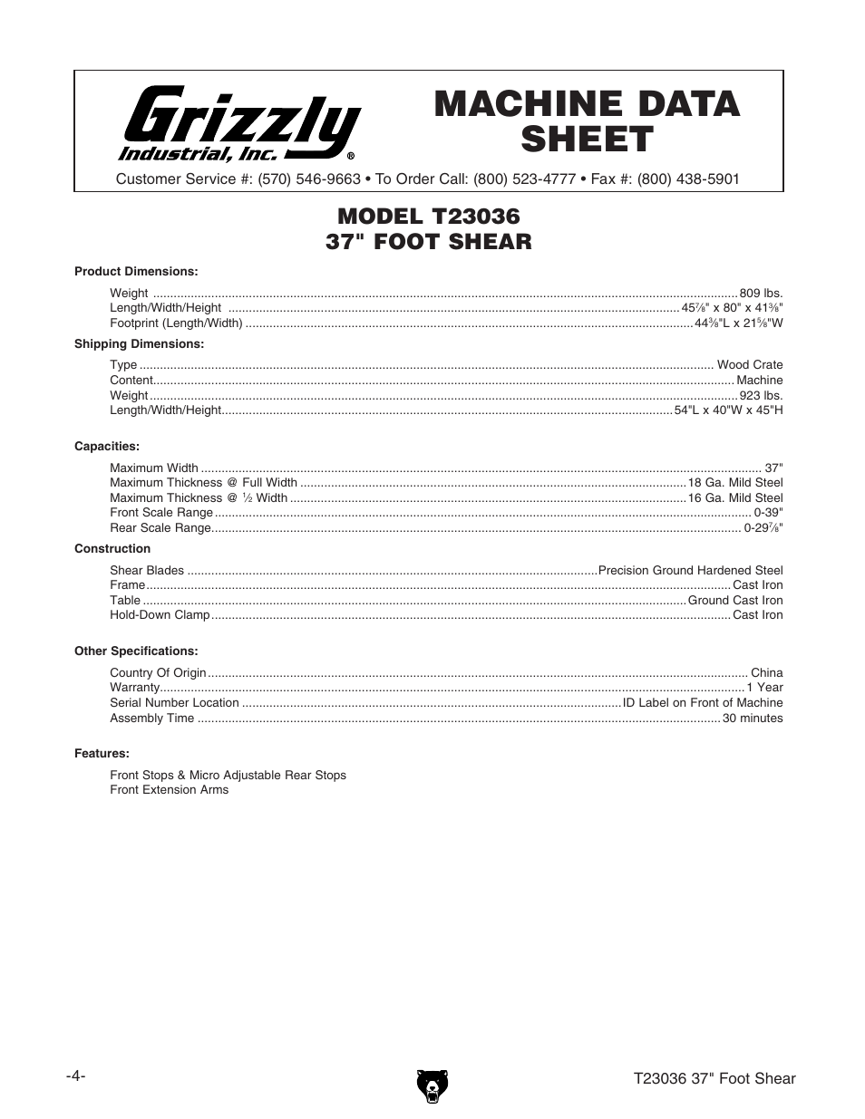 Machine data sheet | Grizzly FOOT SHEAR T23036 User Manual | Page 6 / 32