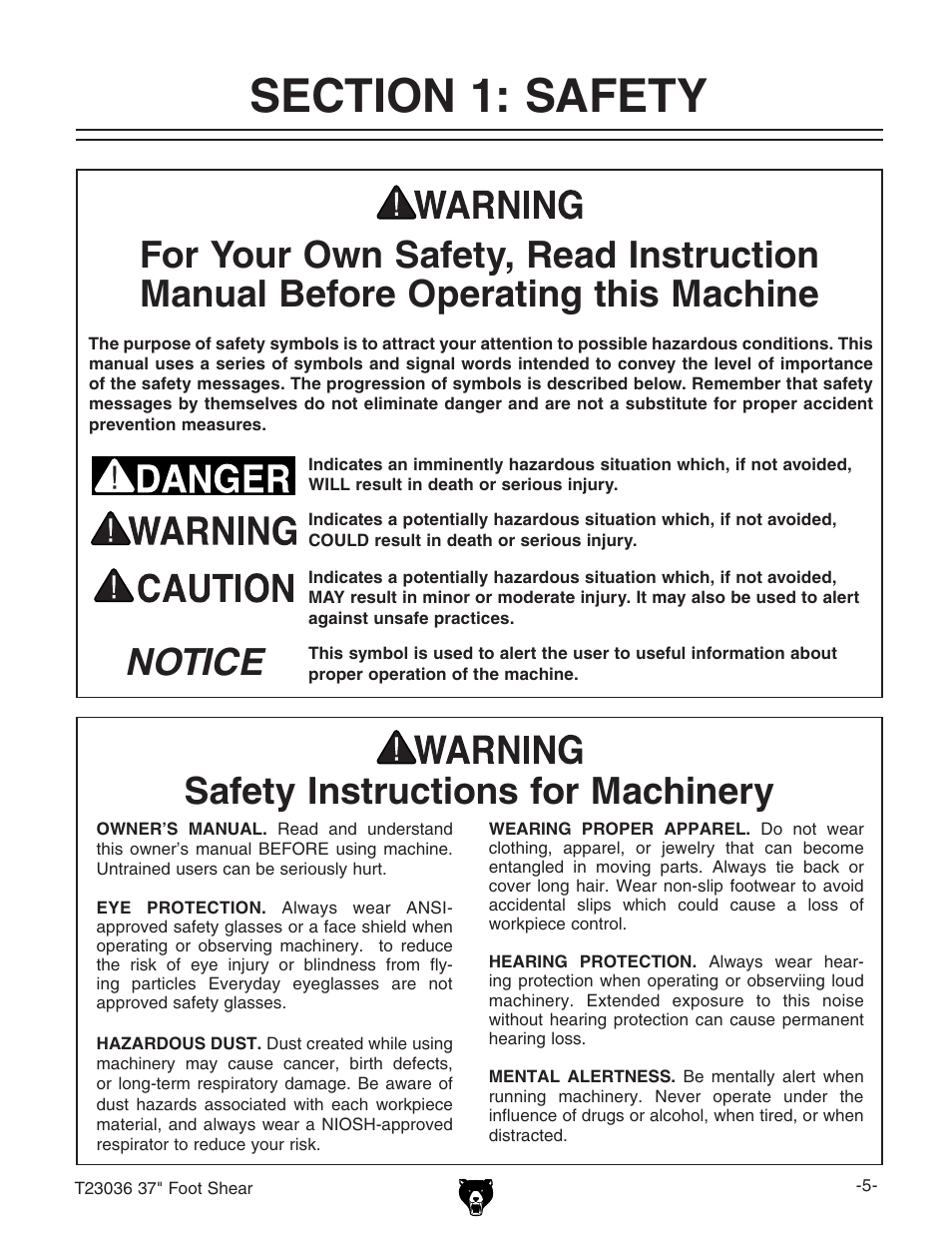 Notice, Safety instructions for machinery | Grizzly FOOT SHEAR T23036 User Manual | Page 7 / 32