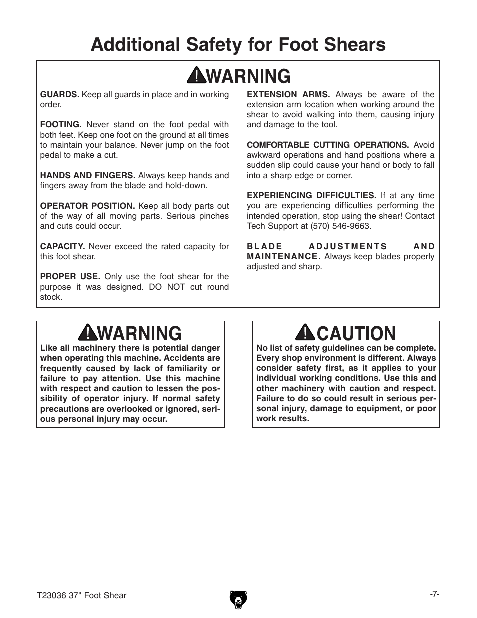 Additional safety for foot shears | Grizzly FOOT SHEAR T23036 User Manual | Page 9 / 32