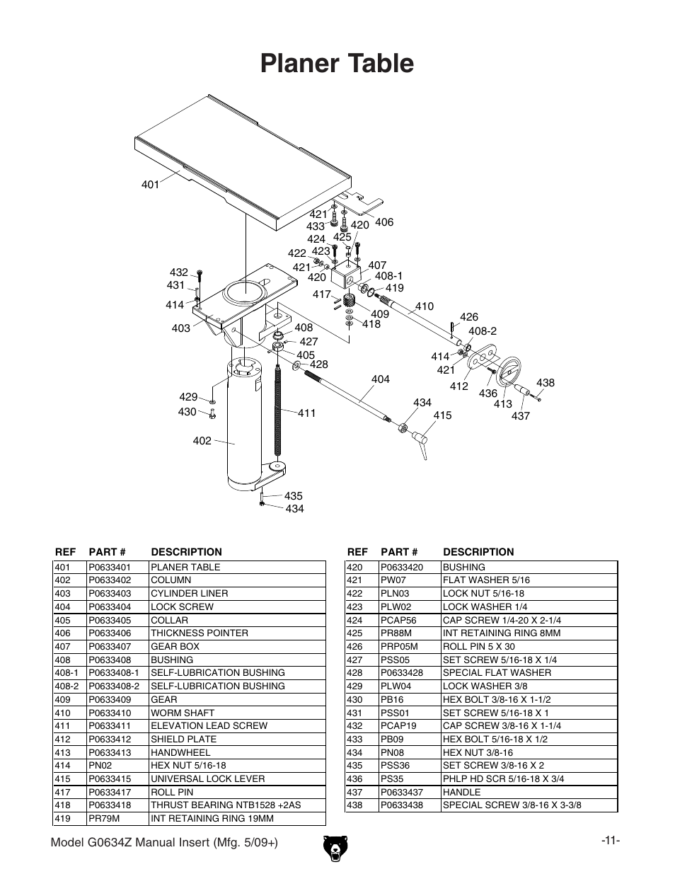 Planer table | Grizzly Jointer/ G0634Z User Manual | Page 11 / 88