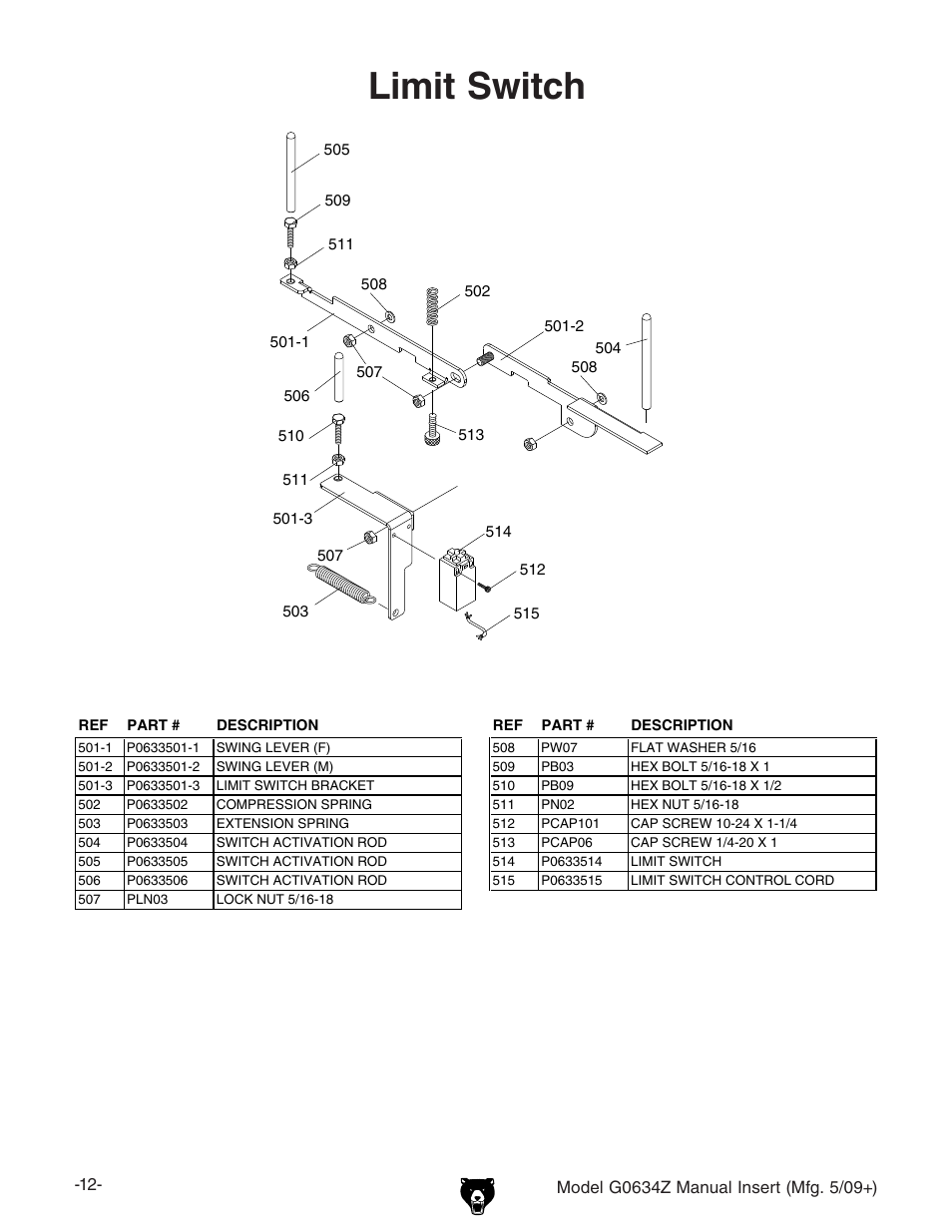 Limit switch | Grizzly Jointer/ G0634Z User Manual | Page 12 / 88