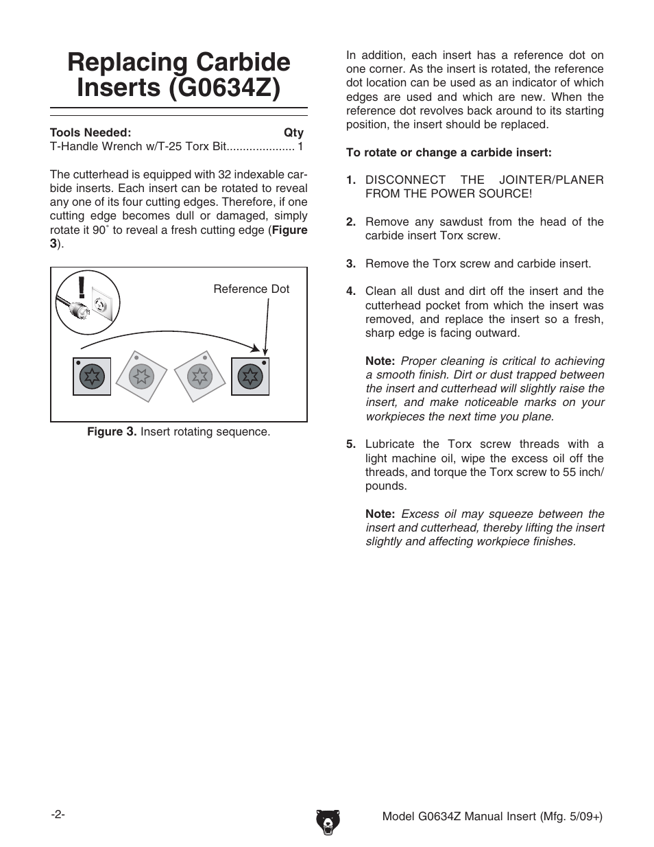 Replacing carbide inserts (g0634z) | Grizzly Jointer/ G0634Z User Manual | Page 2 / 88