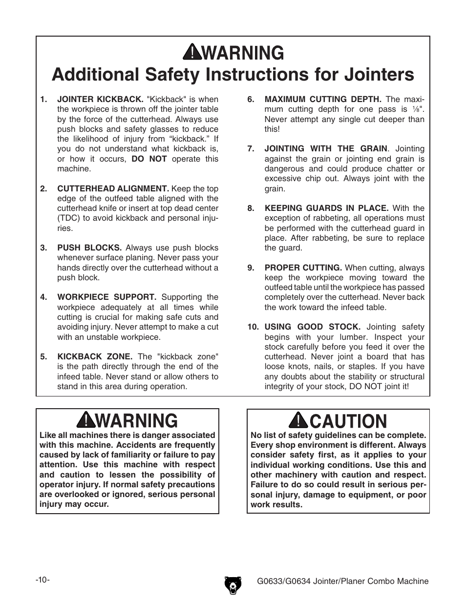 Additional safety instructions for jointers | Grizzly Jointer/ G0634Z User Manual | Page 28 / 88