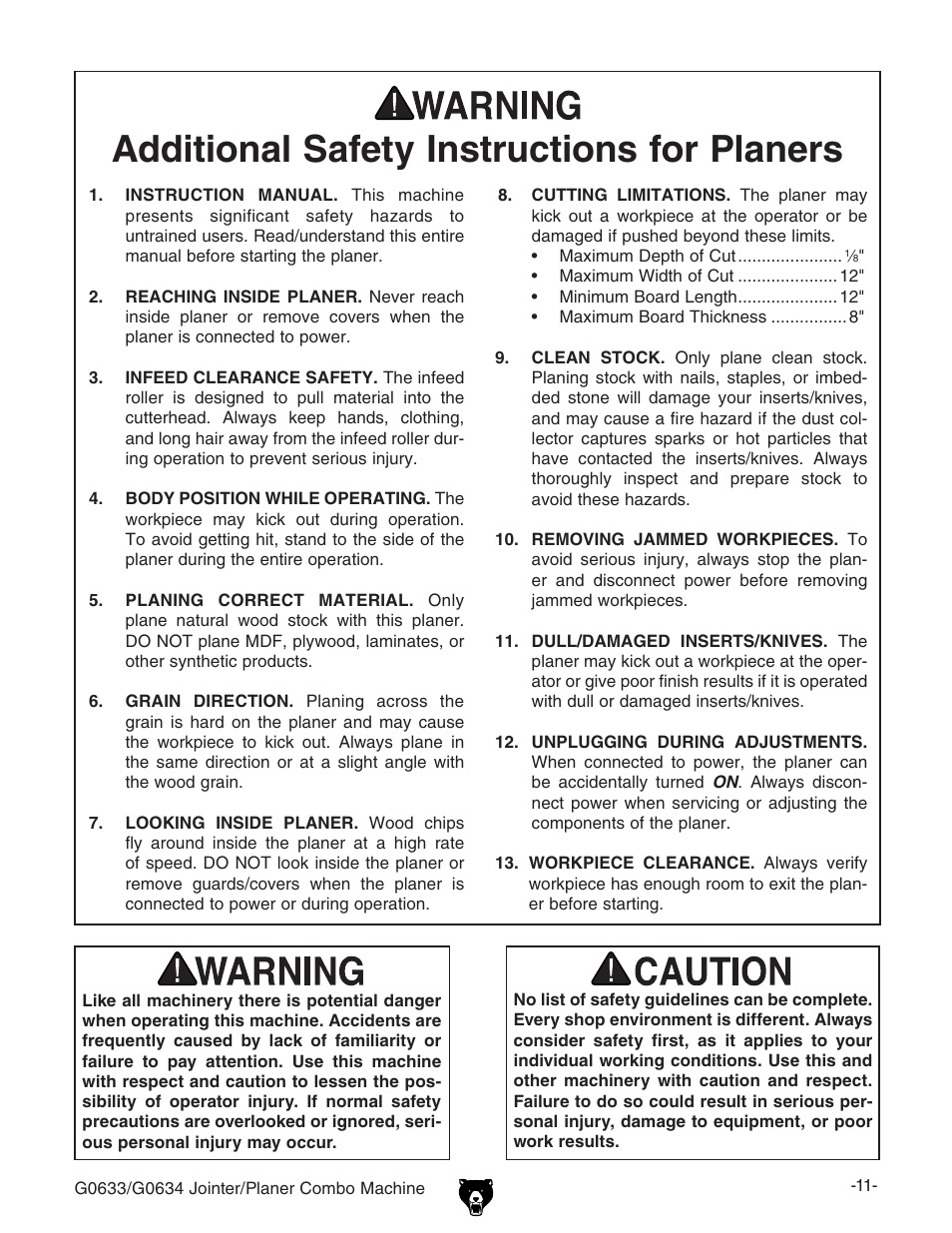 Additional safety instructions for planers | Grizzly Jointer/ G0634Z User Manual | Page 29 / 88