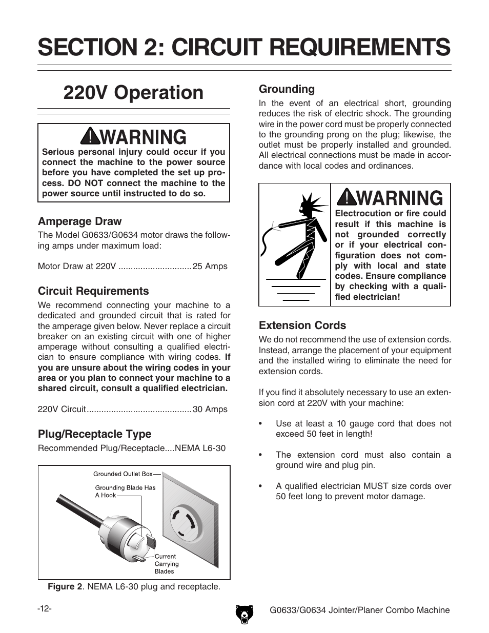 220v operation | Grizzly Jointer/ G0634Z User Manual | Page 30 / 88