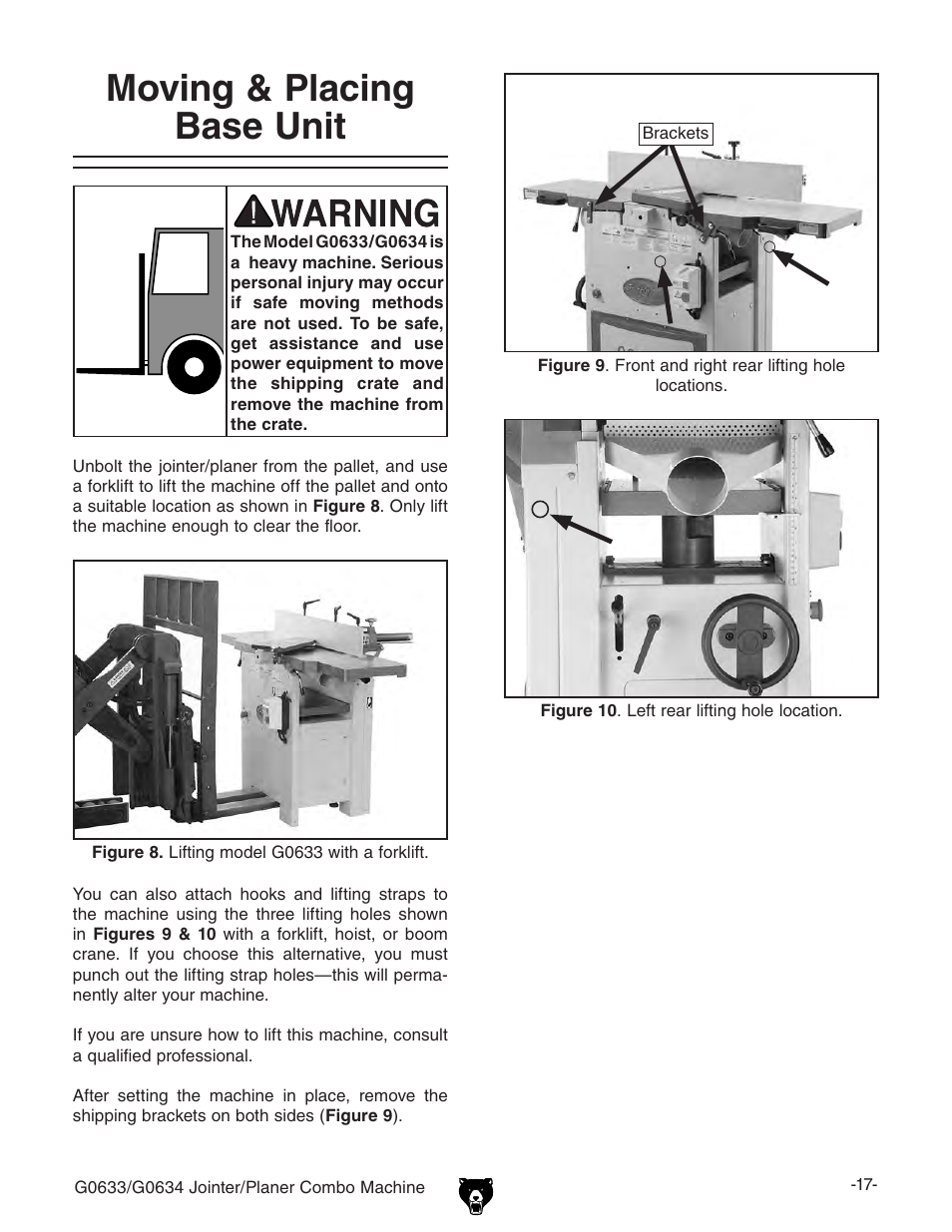Moving & placing base unit | Grizzly Jointer/ G0634Z User Manual | Page 35 / 88