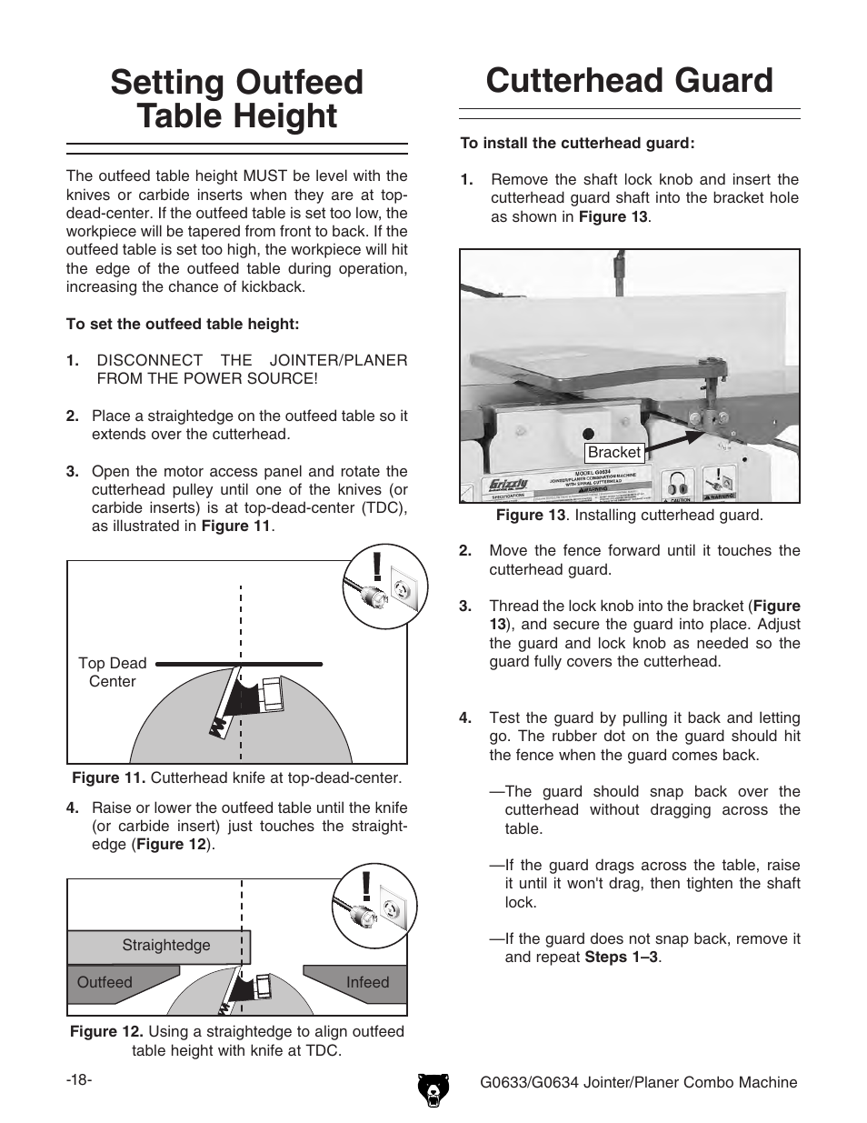 Cutterhead guard, Setting outfeed table height | Grizzly Jointer/ G0634Z User Manual | Page 36 / 88
