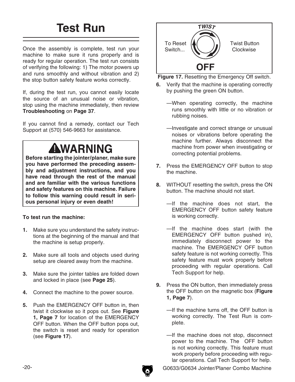 Test run | Grizzly Jointer/ G0634Z User Manual | Page 38 / 88