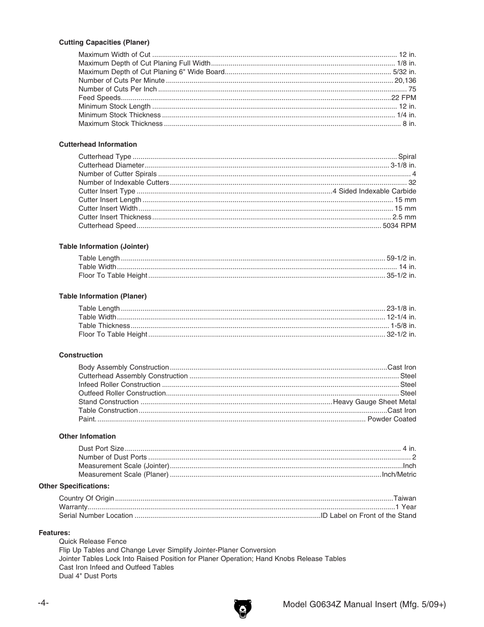 Grizzly Jointer/ G0634Z User Manual | Page 4 / 88
