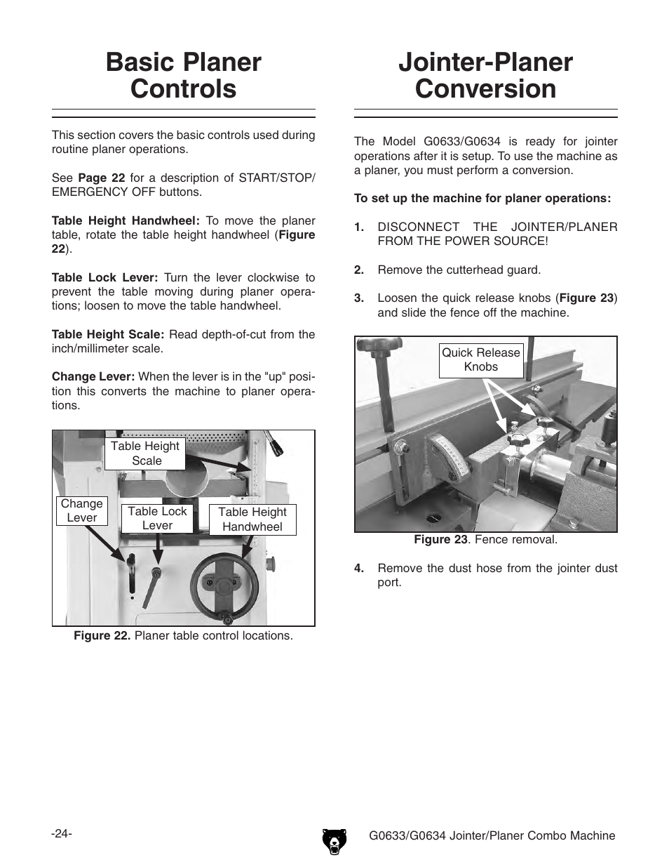 Jointer-planer conversion, Basic planer controls | Grizzly Jointer/ G0634Z User Manual | Page 42 / 88